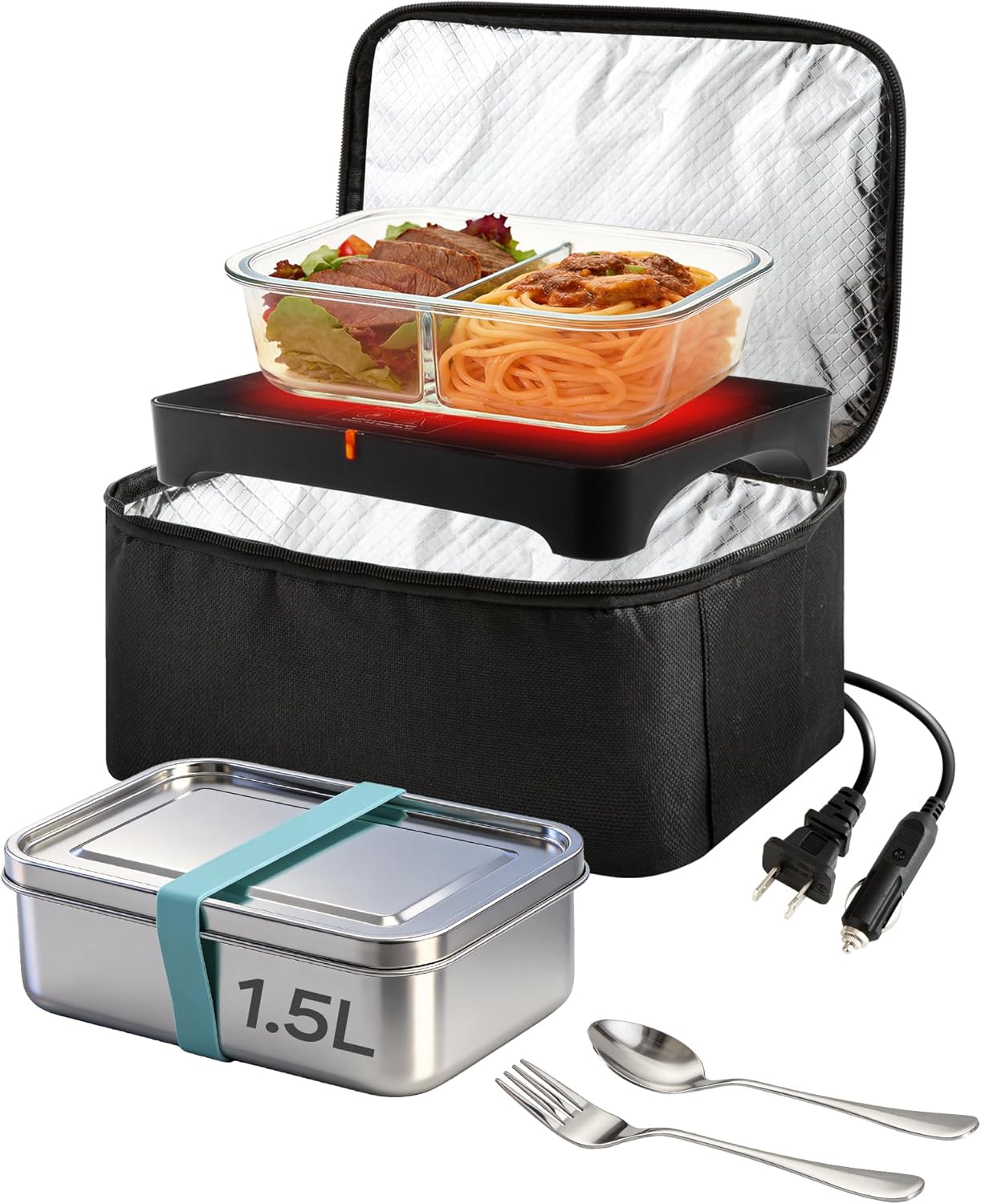Portable Oven, Electric Lunch Box Food Heater - 12V/24V/110V 3-in-1 Car Food Warmer - Mini Personal Microwave Heated Lunch Box Warmer for Car, Truck, Travel, Office & Home (Black)
