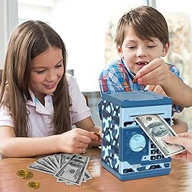 Setibre Piggy Bank, Electronic ATM Password Cash Coin Can Auto Scroll Paper Money Saving Box Toy Gift for Kids (Camouflage Blue)