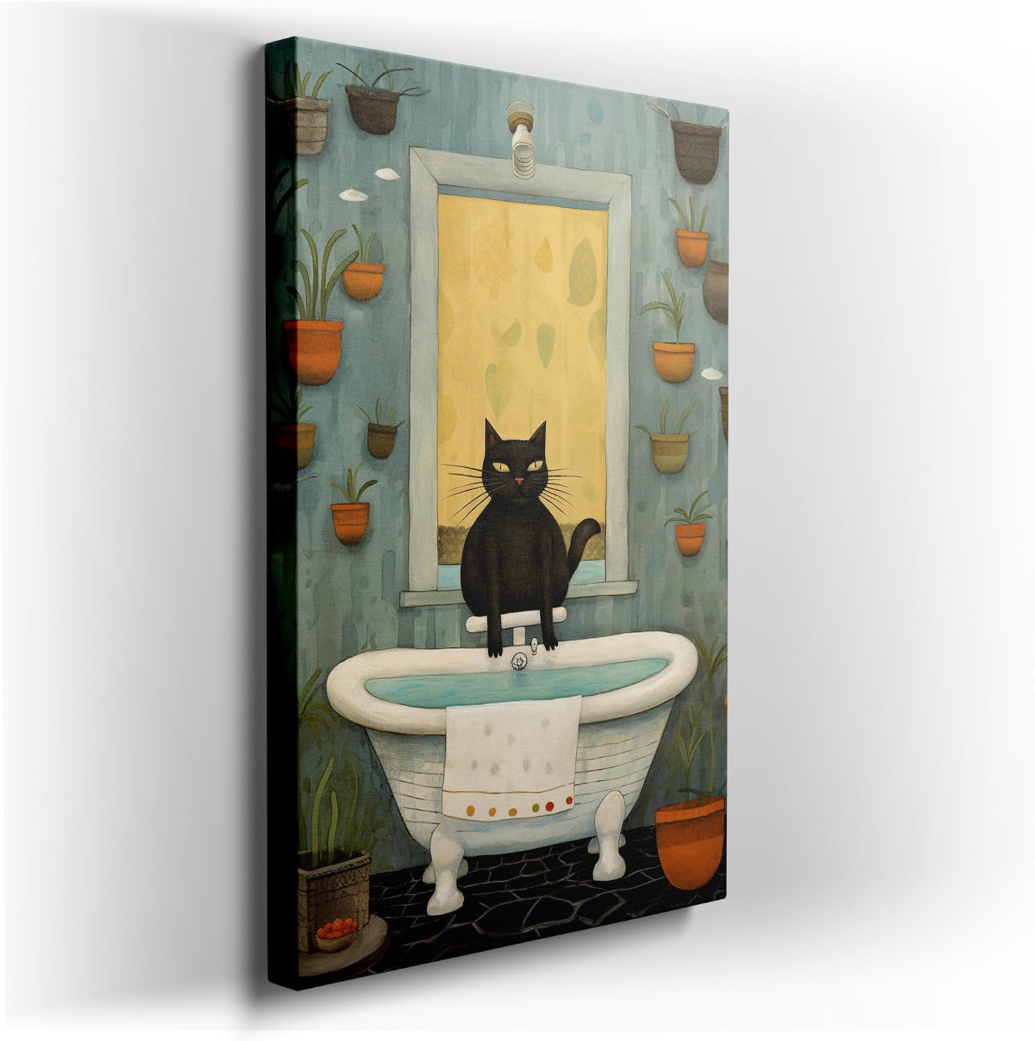 Canvas for Living room. Curiosity and Calm: A Black Cat's Bathtime Adventure Among Potted Greens, 27 x 18 inch Canvas Wall Art - Ready to Hang - 69x46 cm (27x18 inch)