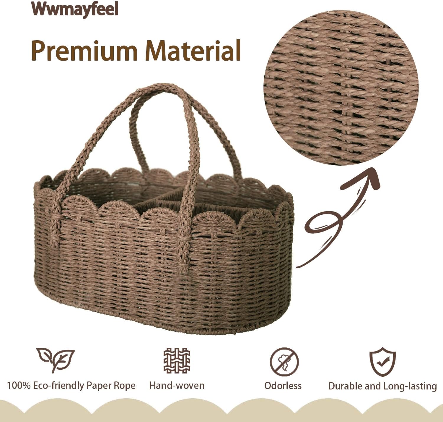Diaper Caddy Organizer, Paper Rope Storage Baskets Nursery Bin with Removable Divider, Portable Car Organizer for Diapers, Baby Shower Gifts, Newborn Essentials Must Haves (Brown) thumbnail
