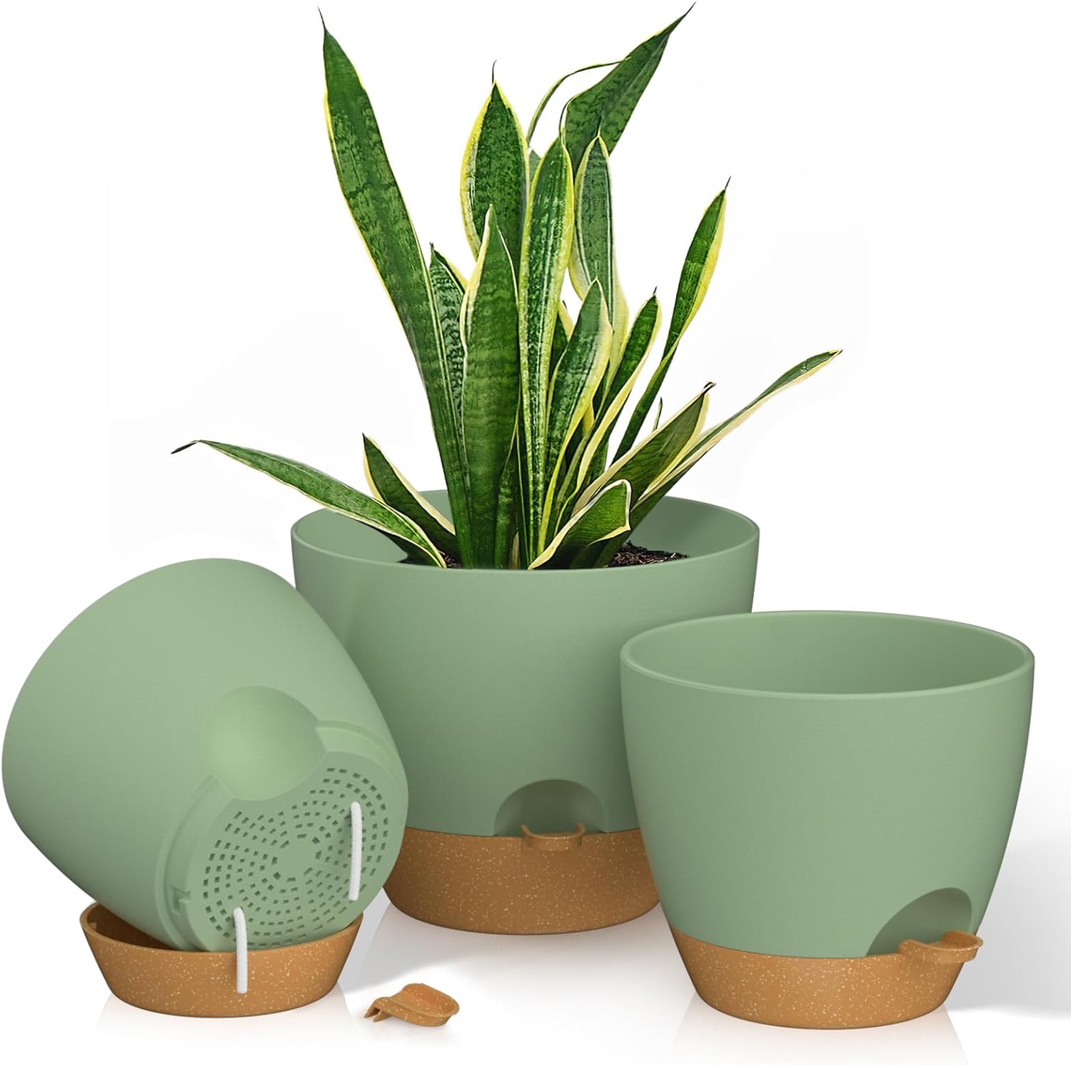 Plant Pots Self Watering Planters 12/10/9 Inch Plastic Flower Pot with Drainage Holes and Watering Lip for Indoor Outdoor Plants (3 Pack，Green)