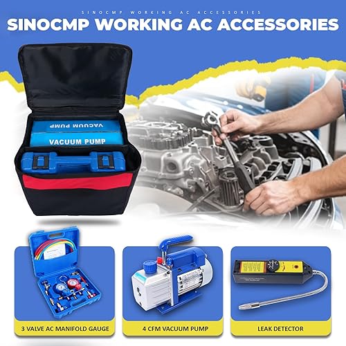 Miniatura 2 de SINOCMP Juego de manómetros de colector de CA, válvula de 3 vías, 4CFM de una etapa 110V 13 HP HVAC bomba de vacío con detector de fugas para aire