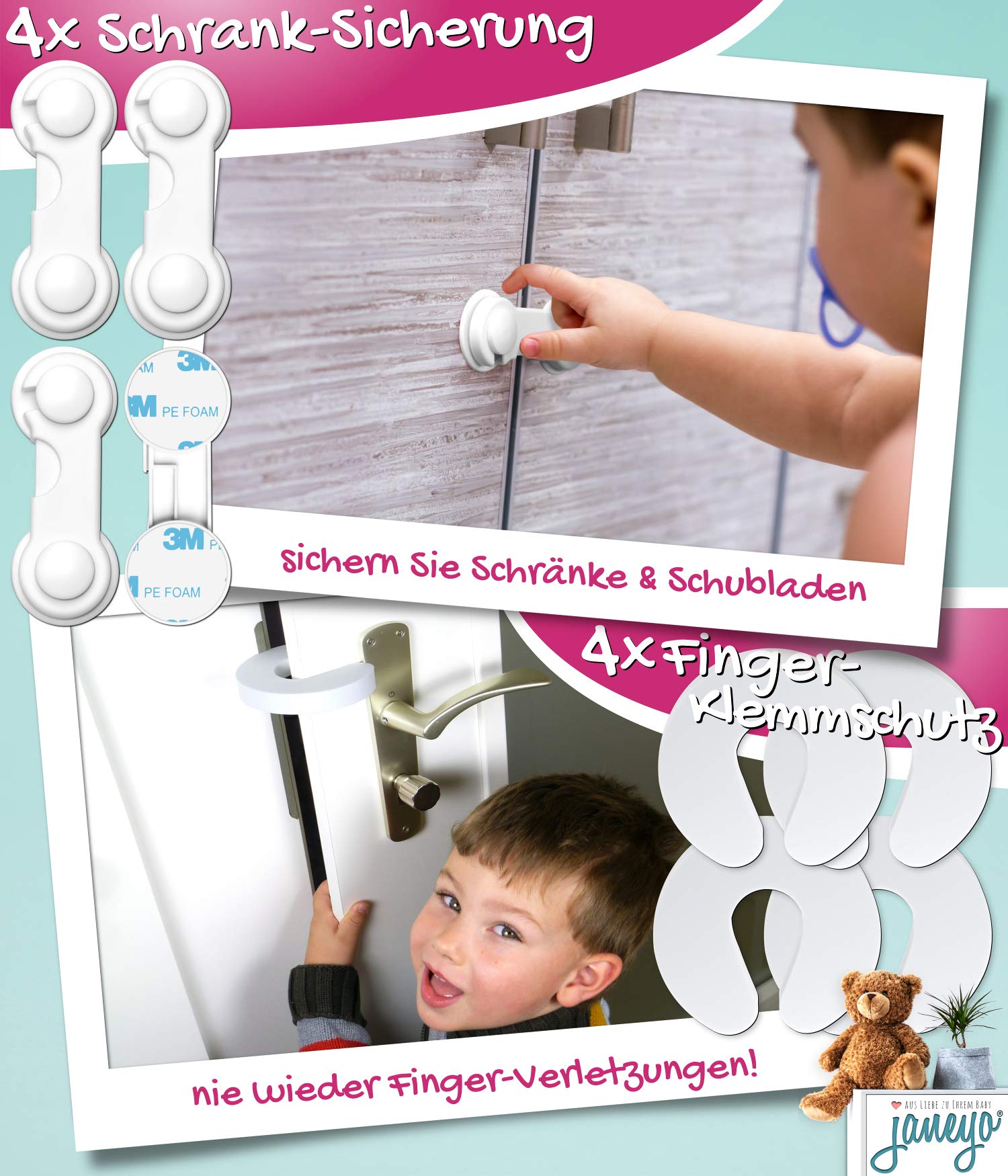 JANEYO – Premium Set Kindersicherung & Babysicherung - perfekte Sicherheit für Ihr Baby - Schranksicherung, Steckdosensicherung, Kantenschutz etc. (weiß)