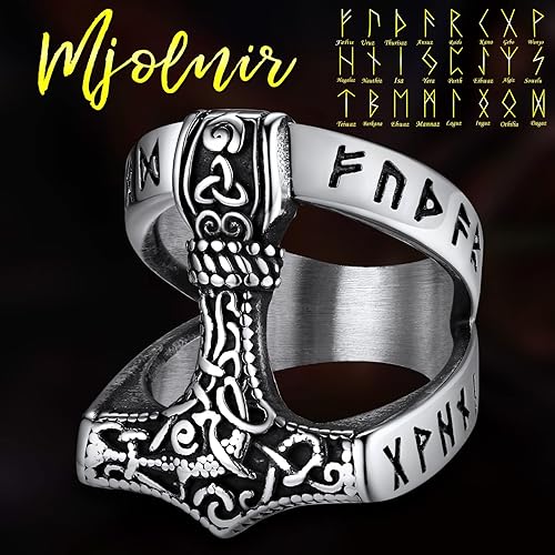 Miniatura 3 de FaithHeart Norse Viking Jewelry - Anillo de acero inoxidable de guerrero para hombre con diseño vikingo de cabeza de lobomartillo de Thor