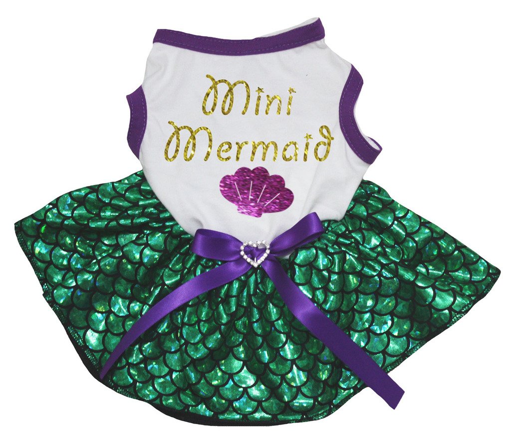 Petitebella Mini Mermaid Shell Puppy Dog Dress (White/Green Mermaid, Large)