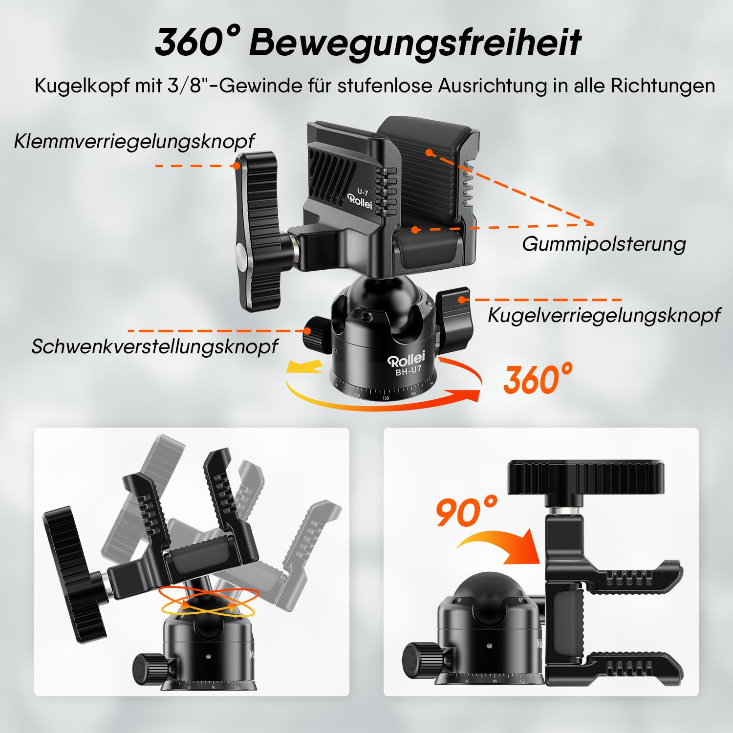 Rollei Gewehrklemme mit Kugelkopf BH-U7, 360° Drehung Jagd Zubehör Spannweite von 3–7 cm aus Aluminium & Gummi für Ggewehrauflage Einschießbock 10 kg Tragkraft 600 Gramm