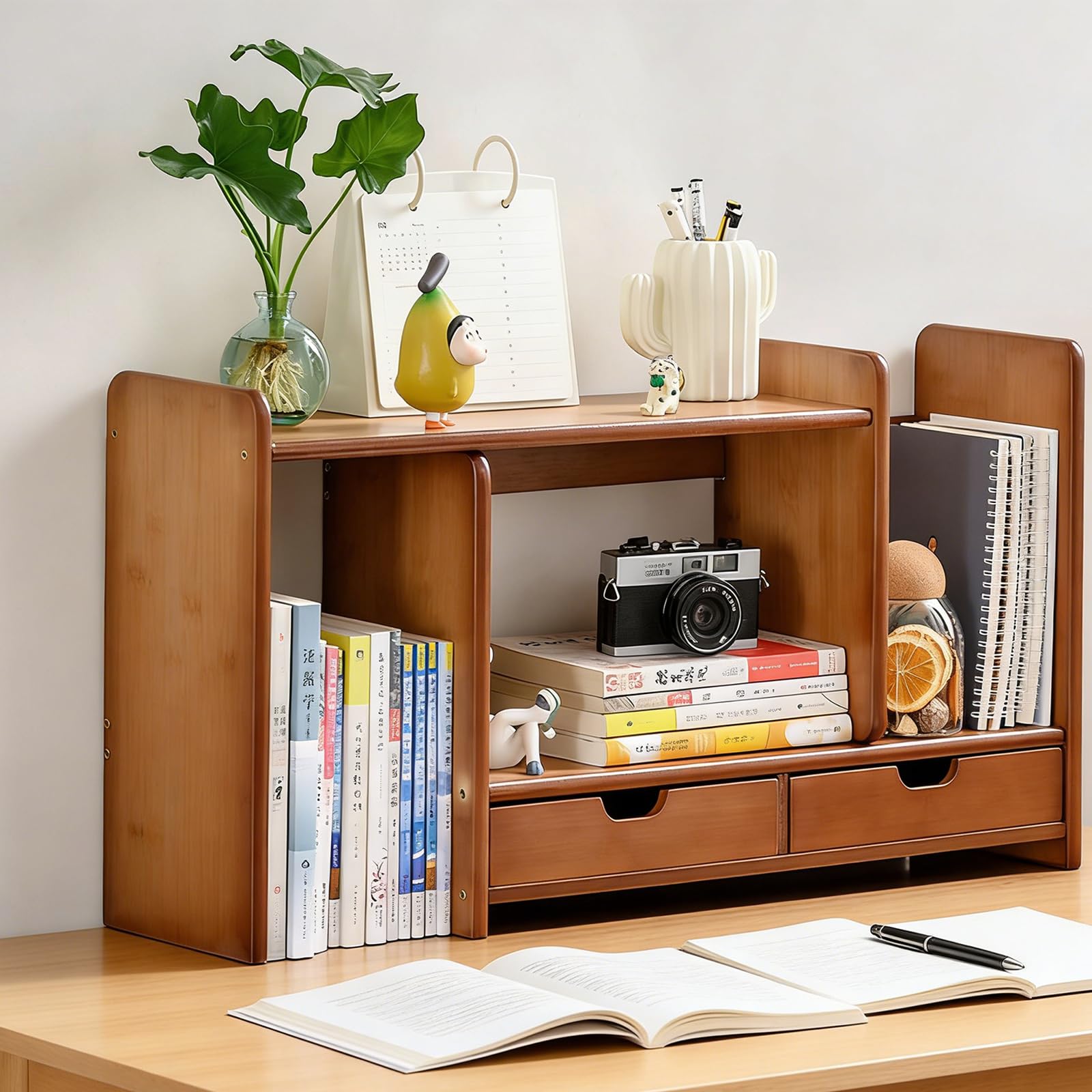 Scaffale per Libri Espandibile in Legno, Scaffale Ufficio Regolabile, Organizzatore Angolare Compatto per Scrivania e Piccoli Spazi walnut Solid wood panel