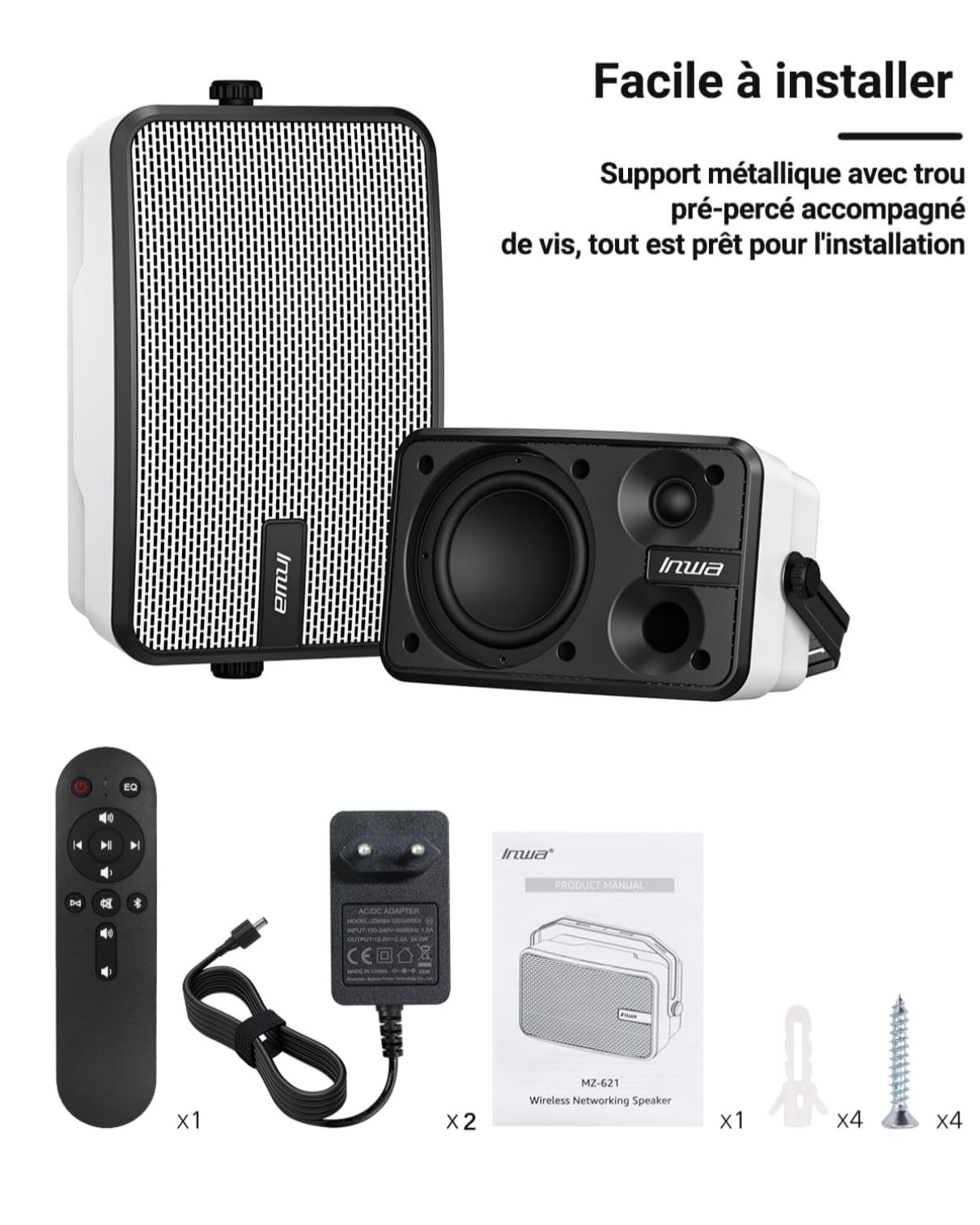 Inwa Enceintes Extérieures Bluetooth, Système Audio Sans Fil pour Intérieur et Extérieur, IPX5 Waterproof, 400W (lot de 2, Nouveau nom Bluetooth 2025 « Sync Speaker », Adaptateur&Télécommande, RMS40W)