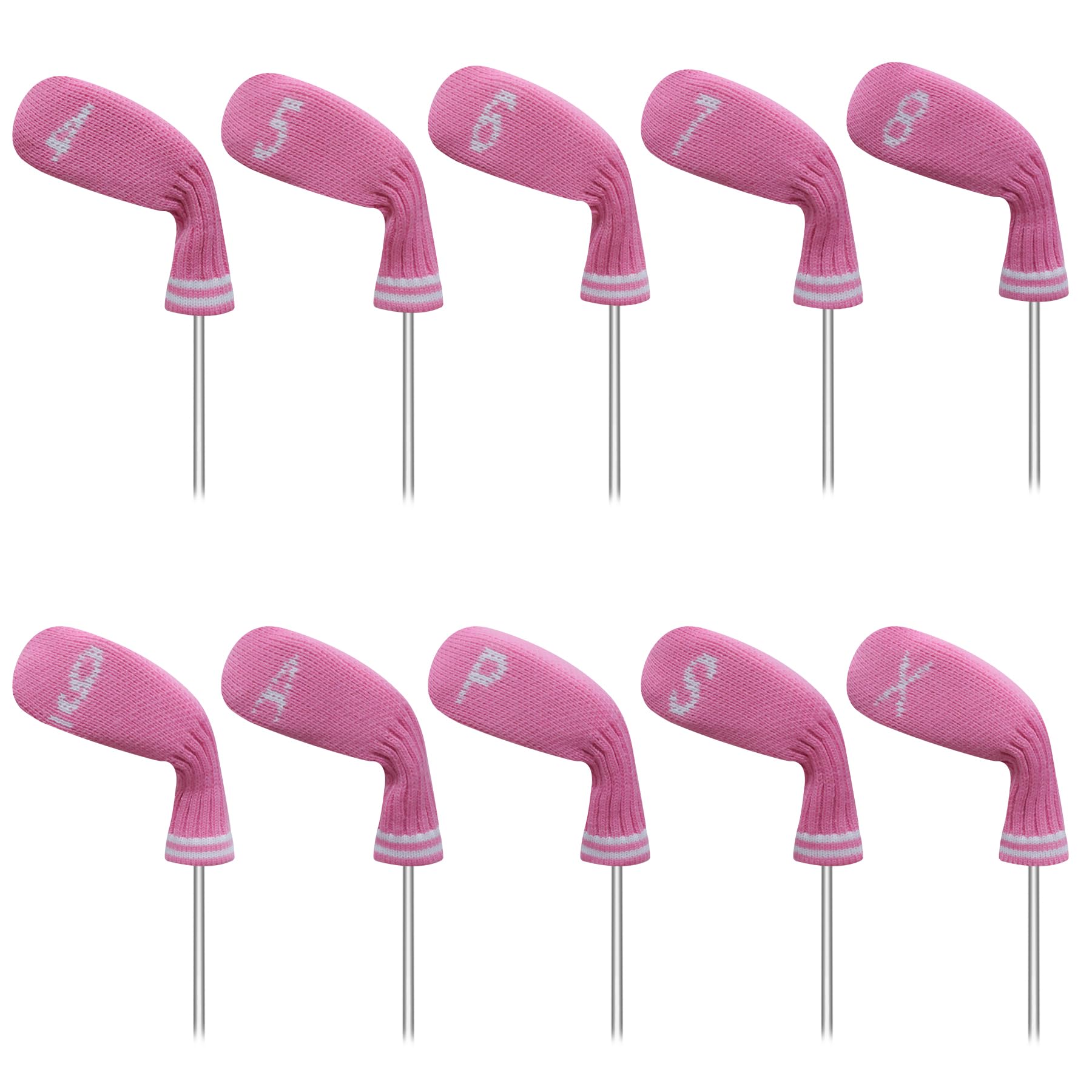 LeFeng 10 Pieces 4-9/A/P/S/X Knitted Golf Iron Head Covers Set Lightweight and Durable Material Multiple Patterns Golf Club Head Covers (Pink)