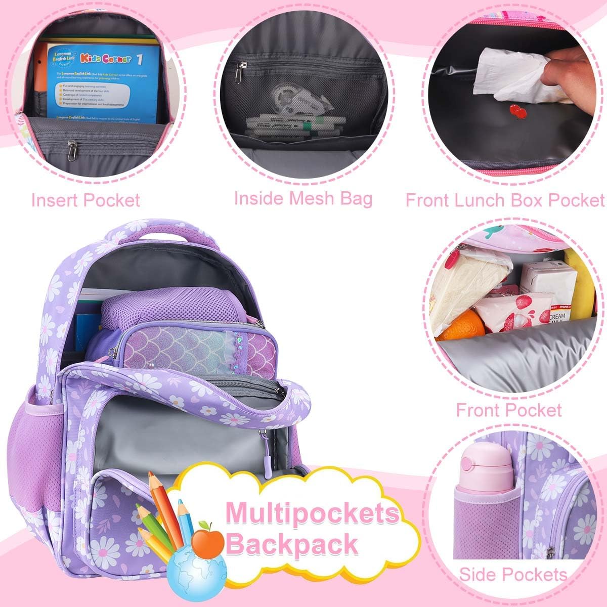 RHCPFOVR Kids Backpack for Girls - Girls Backpack 3-8 Ages Butterfly for Kids 15 Inch School Bookbag for Kindergarten Elementary School Bookbag for Girl 1st 2nd Grade - Image 3