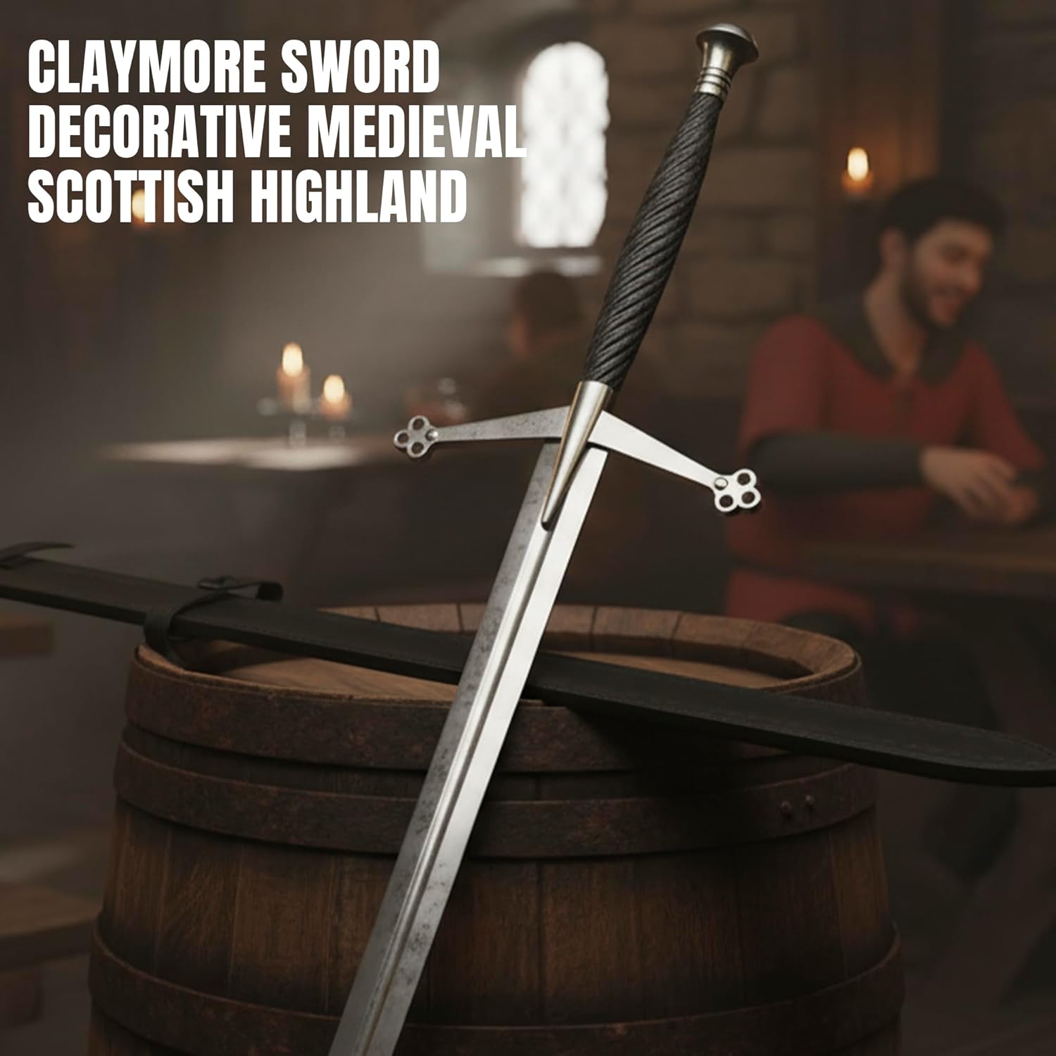 SZCO 52" Claymore Sword – Decorative Medieval Scottish Highland Replica Two-Handed Steel Sword for Adults with Spiral Wood Handle, with Guard & Pommel & Leather Sheath for Display