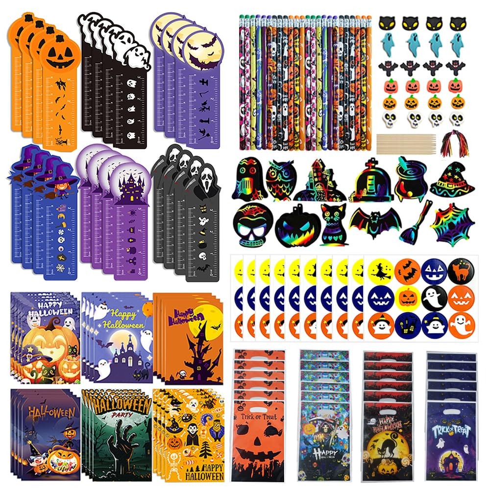Gosuoa168Pcs Halloween Stationery Set for kids, 24 Pack Assorted Halloween Party Favors Including Pencil, Eraser, Ruler, Notepad, Stickers, Scratch Cards, Halloween Goody Bags