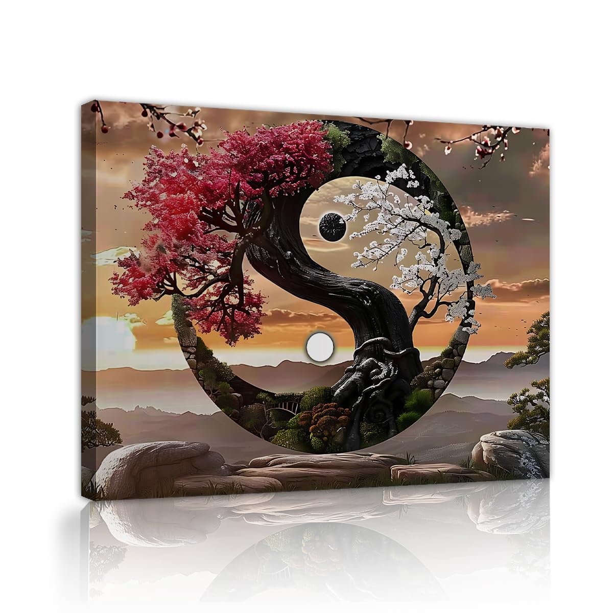 Cuadro Lienzo Yin Yang Flores Rojas & Blancas Árbol 65x85cm