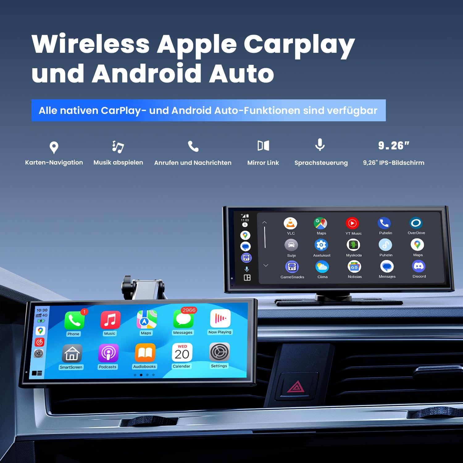 Drahtloses CarPlay Display 9,26" für Apple CarPlay & Android Auto, OTA-Updates, Rückfahrkamera, Bluetooth 5.0, GPS-Navigation