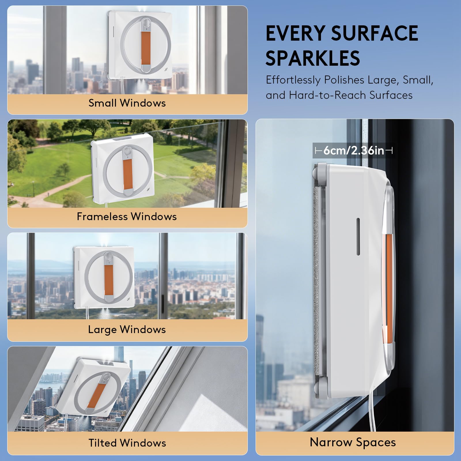 Fensterputzroboter 2800Pa, Elektrischer Fensterreiniger mit Ultraschallzerstäubung & 4 x Tücher, Smarte Navigation, 10-Stufiges Sicherheitssystem, für Innen- und Außenfenster