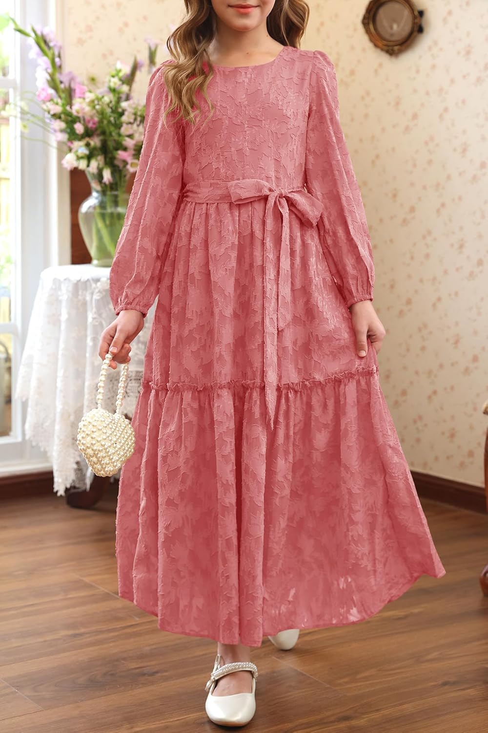 MITILLY Girls Long Sleeve Dress Elegant Floral Crew Neck Elastic Waist Formal Maxi Dresses with Belt 6-12 Years