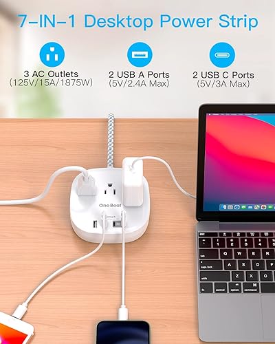 Miniatura 4 de Regleta de alimentación de enchufe plano, cable de extensión ultra plano de 5 pies, 3 tomas de corriente, 4 puertos USB (2 USB C) estación de carga