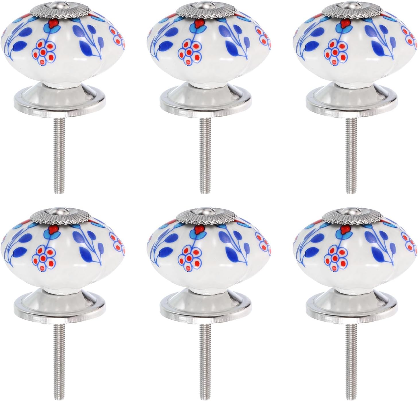 uxcell 6 Pcs Floral Ceramic Pull Knobs, Vintage Round Cabinet Knobs, Red Tulips Ceramic Knobs Pumpkin Knobs for Kitchen Cabinet, Door & Drawer, Wardrobe, Cupboard