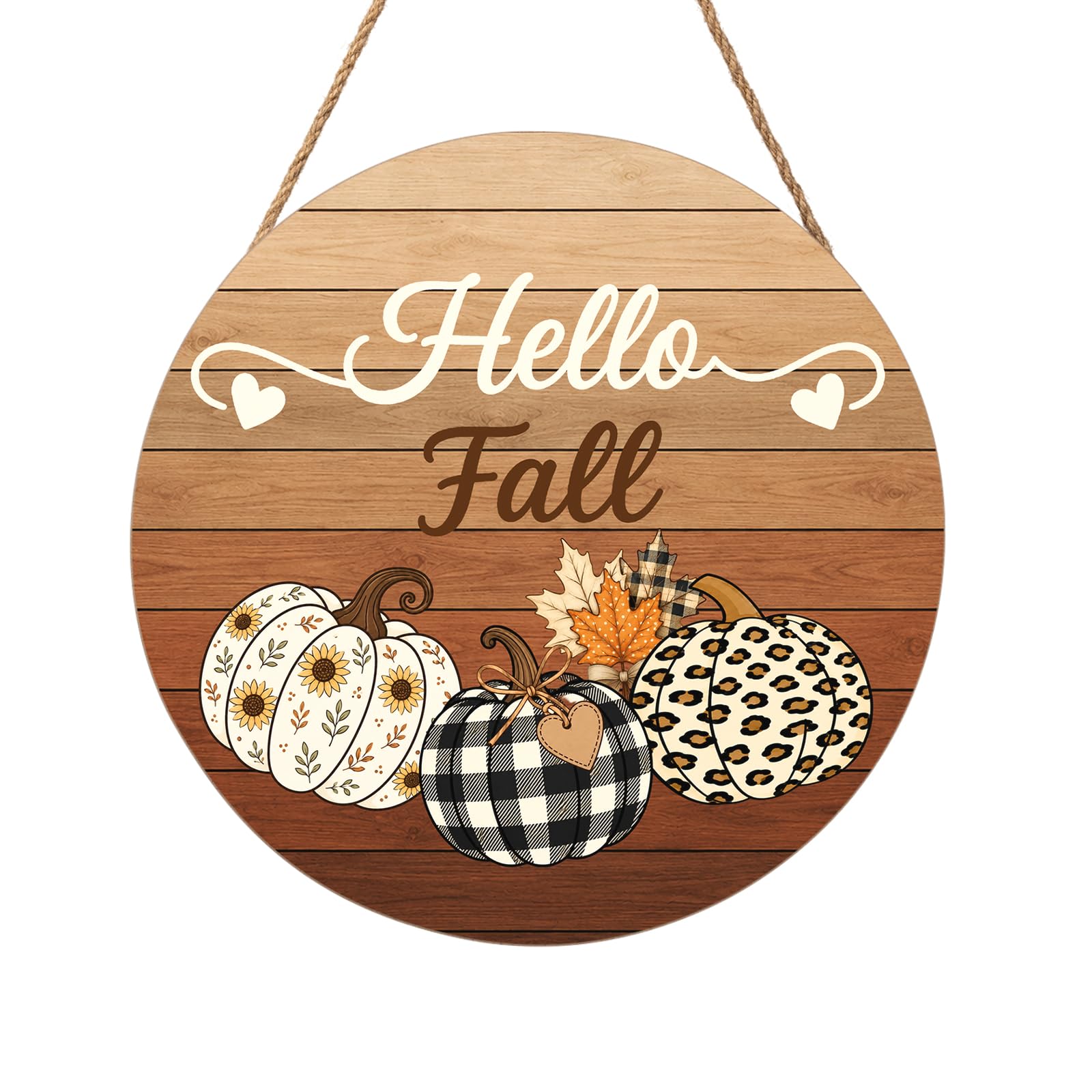 Harooni Hello Fall Pumpkin Sign Door Sign 12"x12" Autumn Thanksgiving Welcome Door Decorations Hanging Sign Farmhouse Plaid Pumpkin Round Wooden Sign for Home Front Door Wall Porch Yard Garden