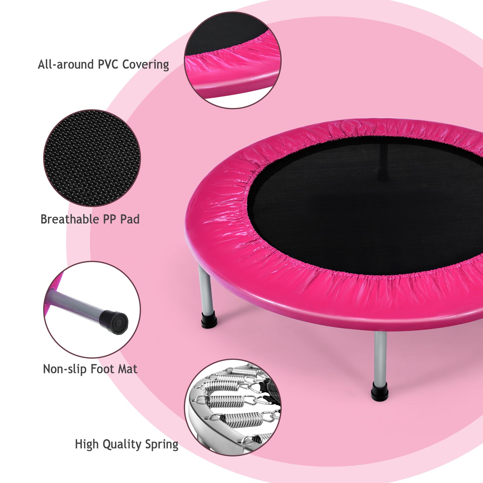 KOMFOTTEU Mini Trampolino Ø96 cm, Trampolino Elastico per Fitness Pieghevole, per Bambini con Capacità di 150 kg, con Piedini Antiscivolo, Tappeto Fitness per Allenamento Interno