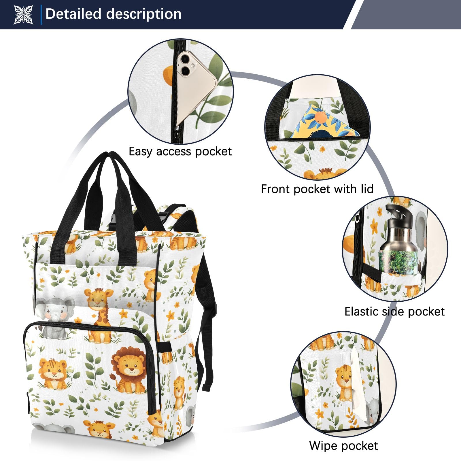 Mnsruu Borsa per pannolini per bambini, con motivo animali, elefante, tigre, borsa grande, impermeabile, da viaggio, per mamme e papà