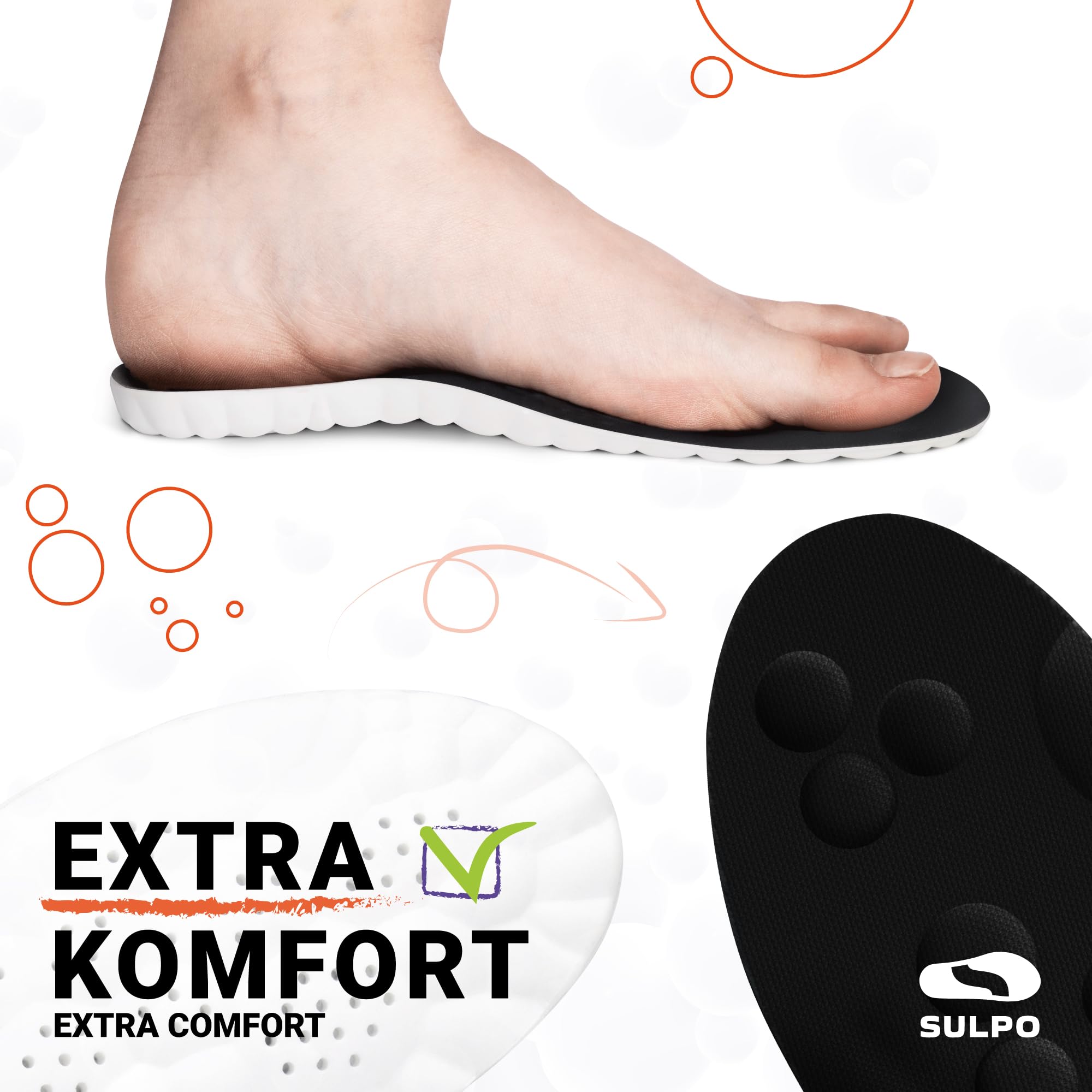 SULPO SPORT Plantillas memory foam para deporte, trabajo y uso diario - Plantillas fascitis plantar - Plantillas ortopédicas transpirables, amortiguadoras y ligeras - 43-44 / XL - Negro