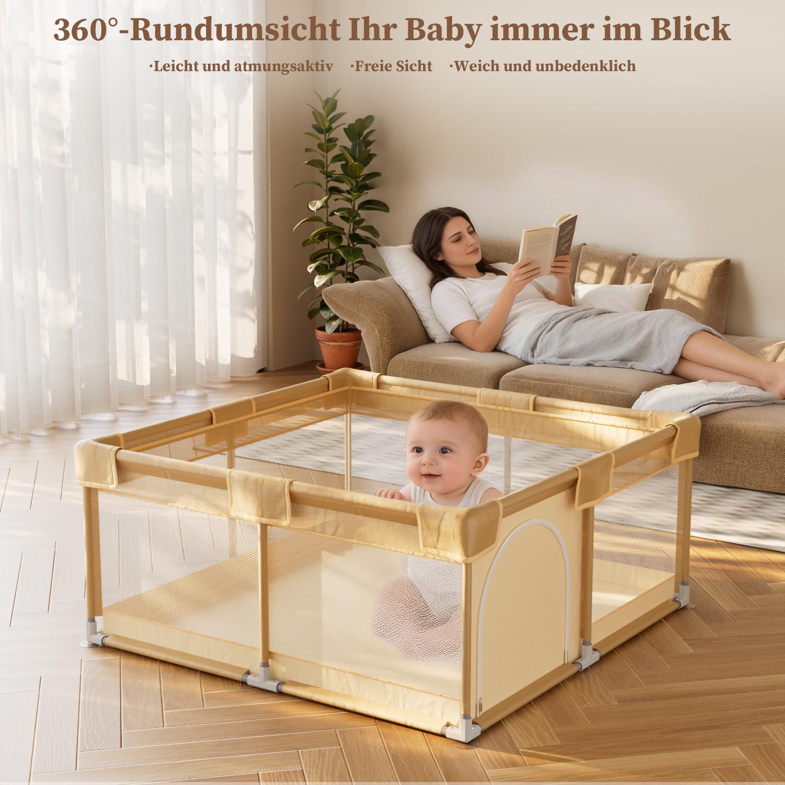 Koonmi Parc pliable pour bébé - 150 x 150 cm - Beige | Filet respirant avec tissu et ventouses, aire de jeu pliable pour bébés et tout-petits, intérieur et extérieur