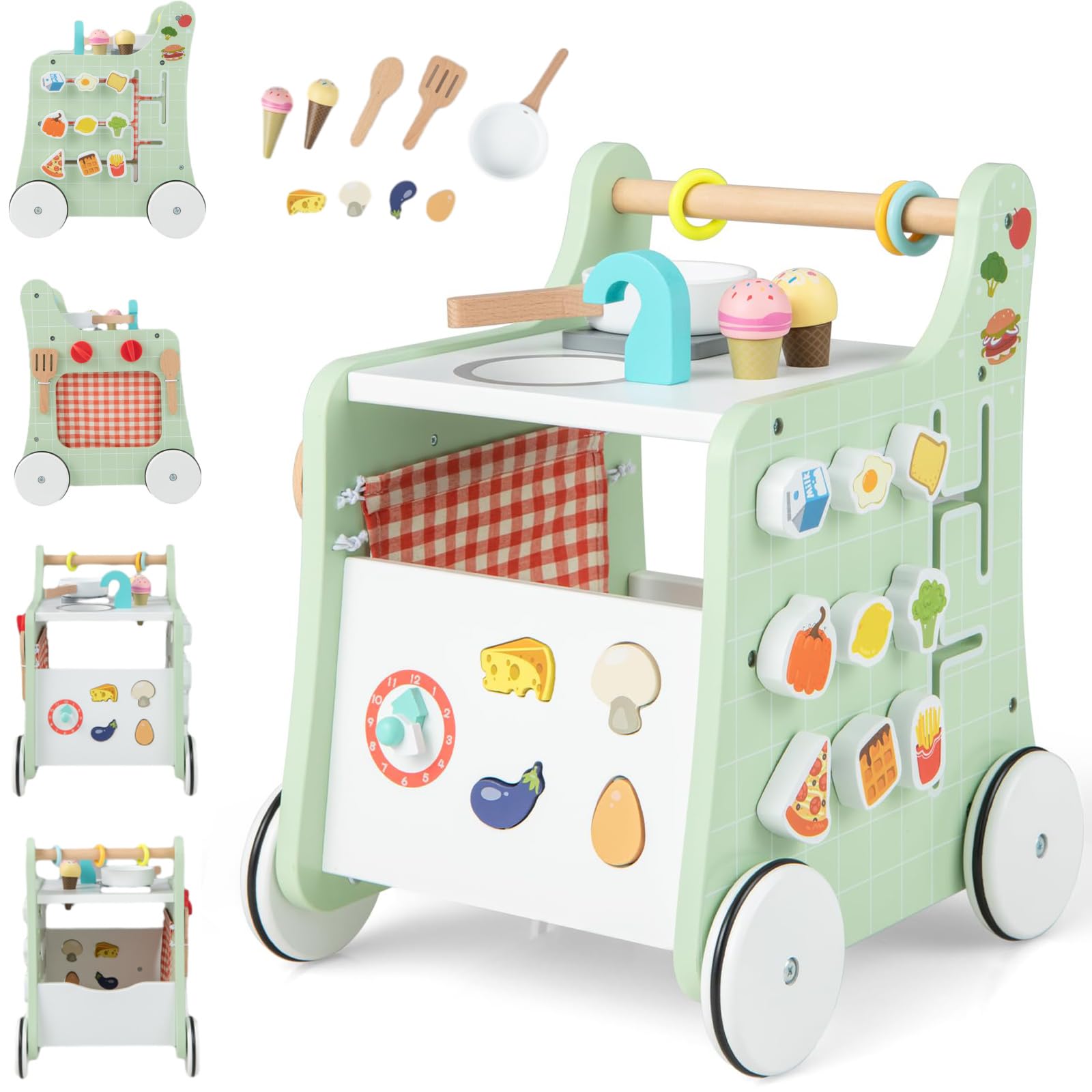 RELAX4LIFE Carrello Primi Passi in Legno 6 in 1, Centro Montessori Cucina con Pannello Attività, 9 Accessori, Vano Portaoggetti, Anti O, per Bambini 1-3 Anni,Legno Naturale + Verde Menta