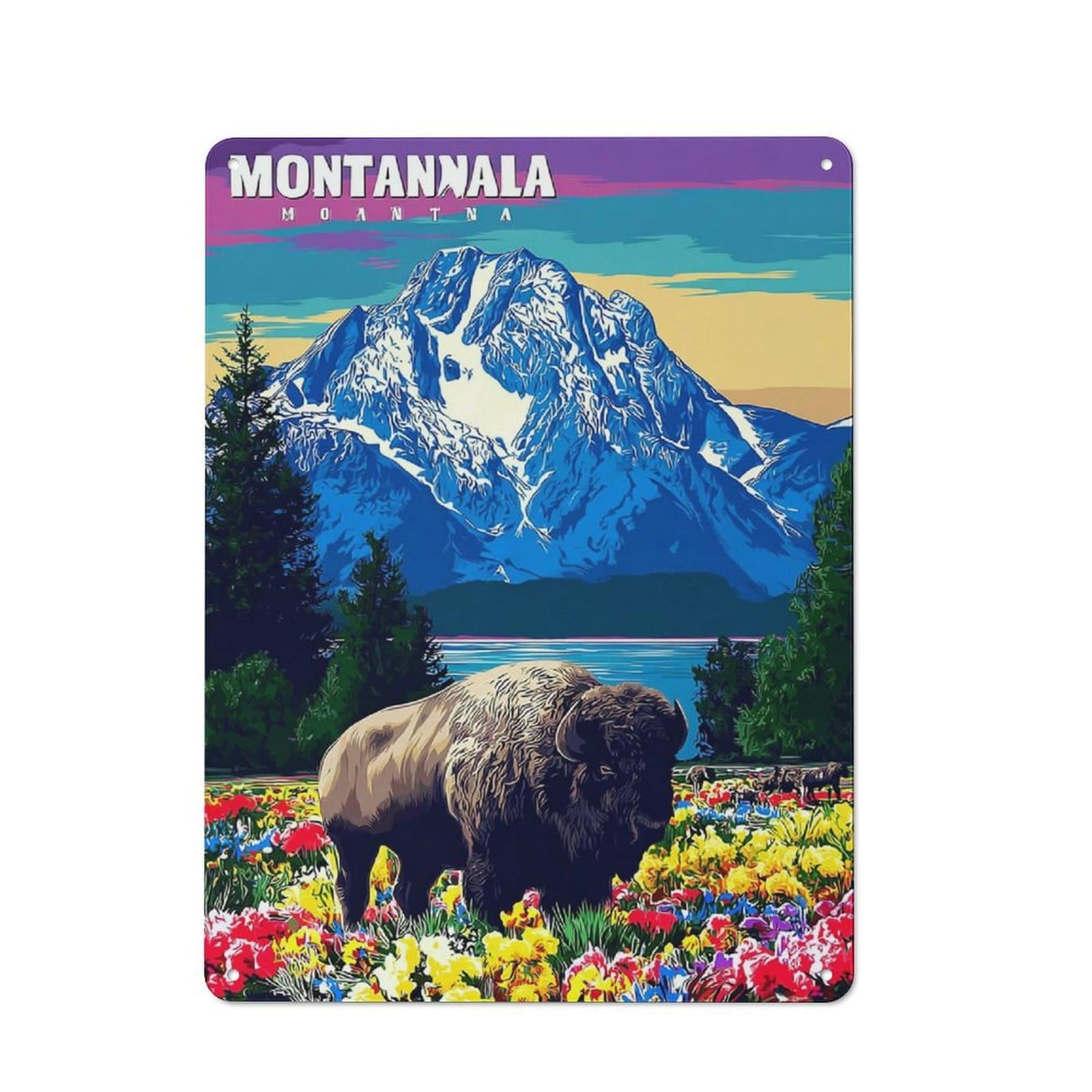 Junmoney Montana Wildflowers And Bison Vintage Metal Plaque 40X30cm For Dining Room Or Kitchen, For Dining Room Decor Fans