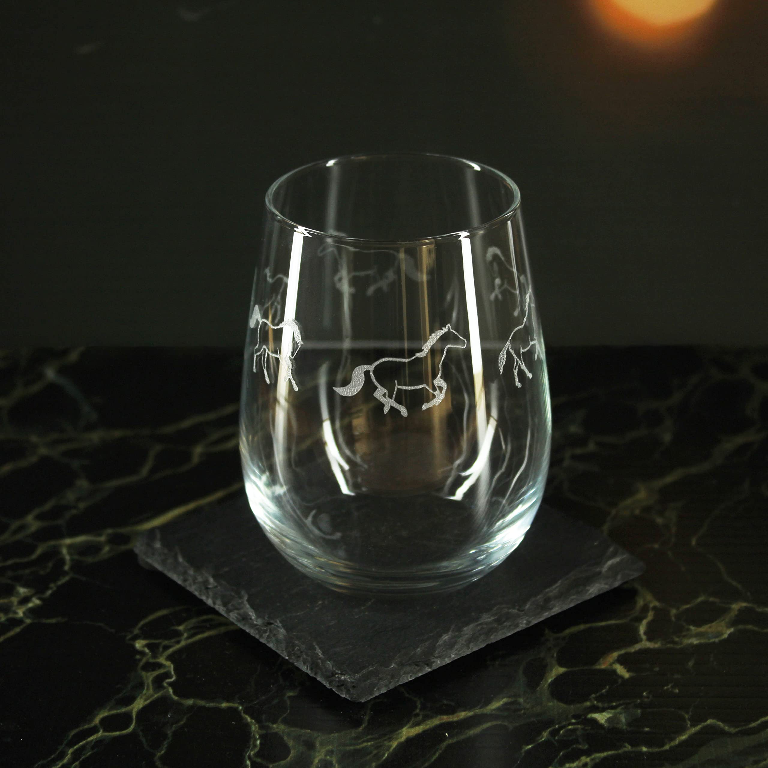 Weingläser ohne Stiel, graviertes Pferde-Muster, 4 Stück, 360 ml Gaia-Gläser, lasergraviert in Großbritannien, Geschenk für sie, Geschenk für Mama, Oma, Muttertag, Geburtstag