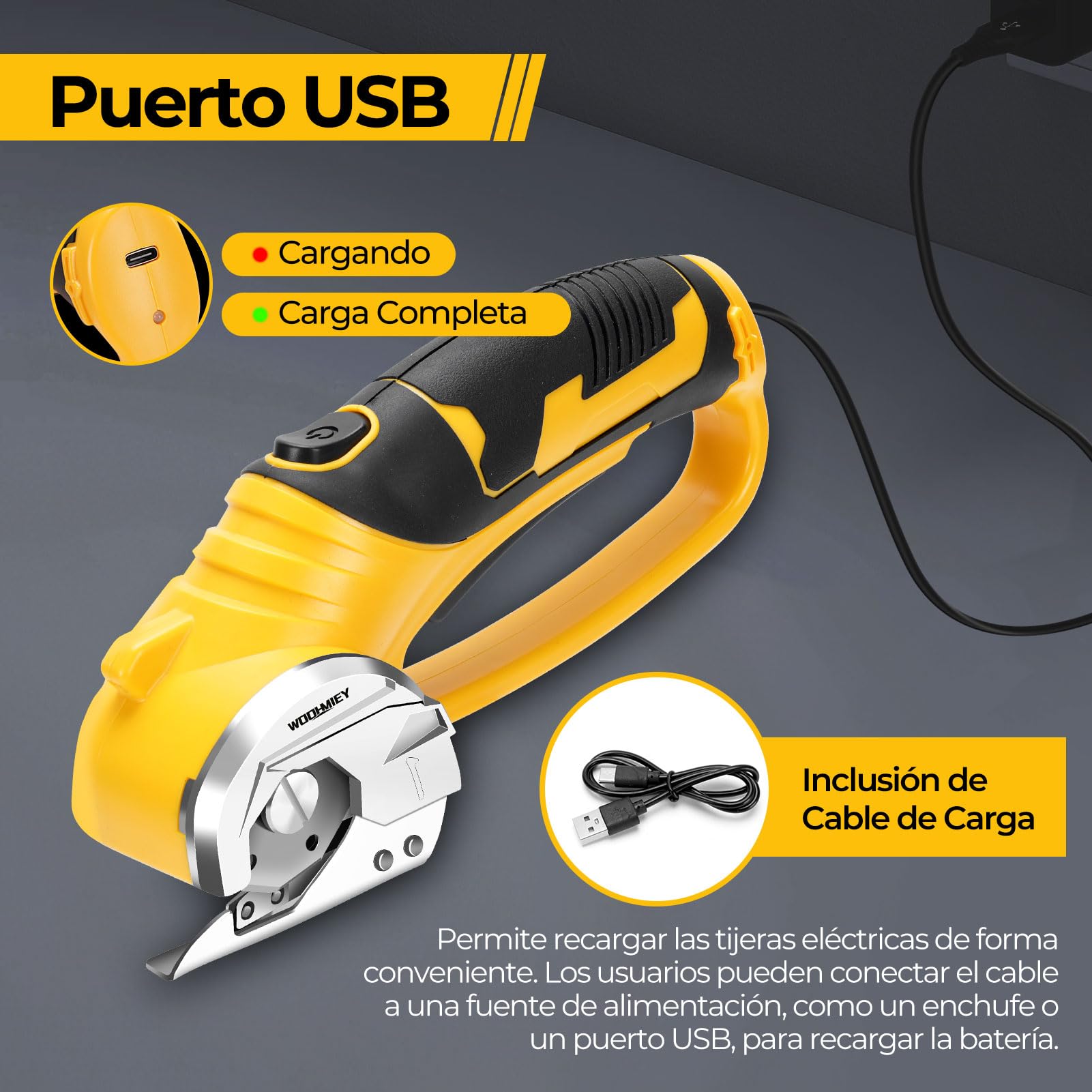 Tijeras Eléctricas Recargables 220RPM, Cortador Eléctrico de Cartón, Cizalla Eléctrica Portátil con Luz LED y Seguridad, para Costura, DIY y Reciclaje de Cartón (Amarillo)
