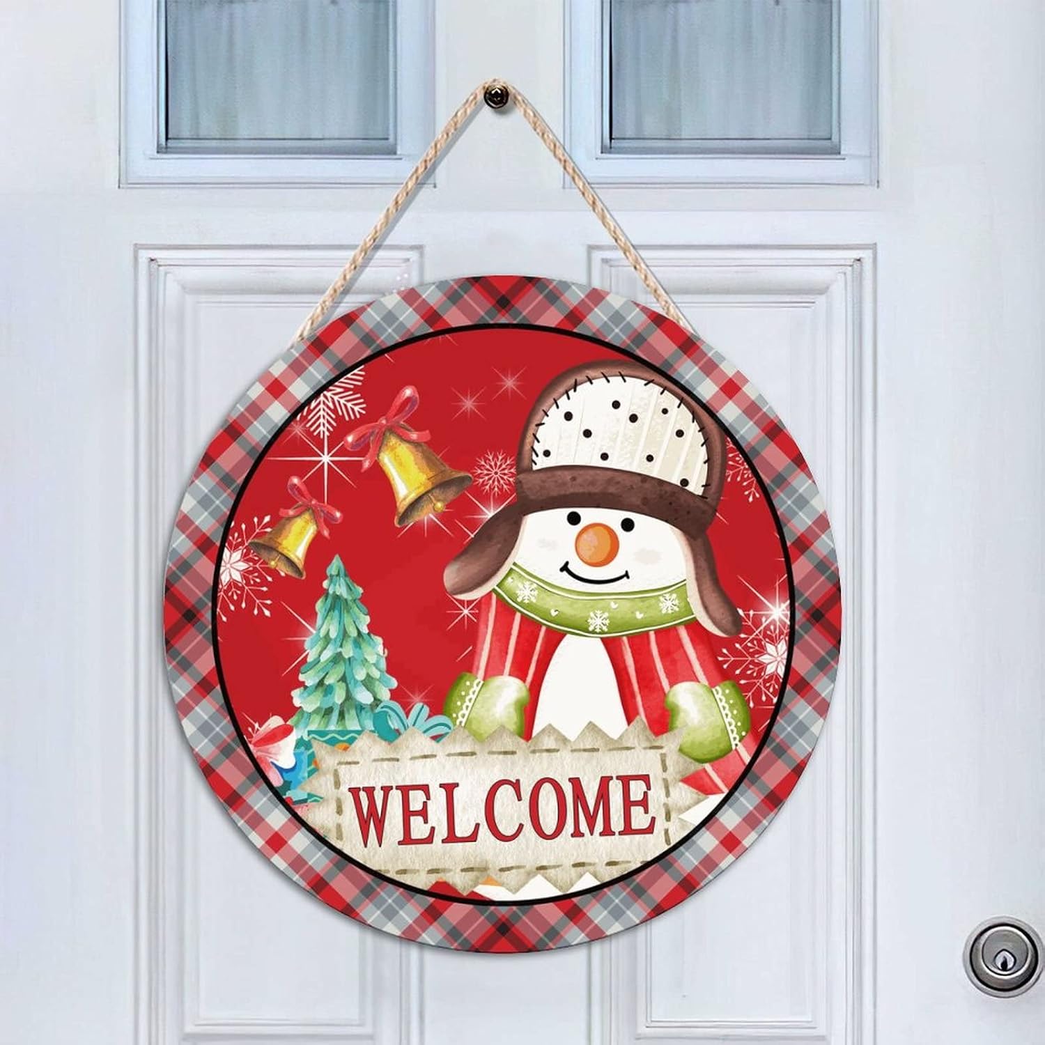 Snowman Welcome Front Door Sign, Snow Welcome Wood Door Sign, 16x16in Snowflake Welcome Wall Door Hanging Sign for Outdoor Front Porch Farmhouse Front Door Decor Housewarming Gifts