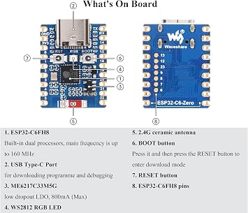 ESP32-C6 with Pre-Soldered Header Mini Development Board Based on ESP32-C6FH4 Dual Processors 160MHz Support 2.4GHz WiFi 6 & Bluetooth 5 USB Type-C Port 22 x GPIO pins