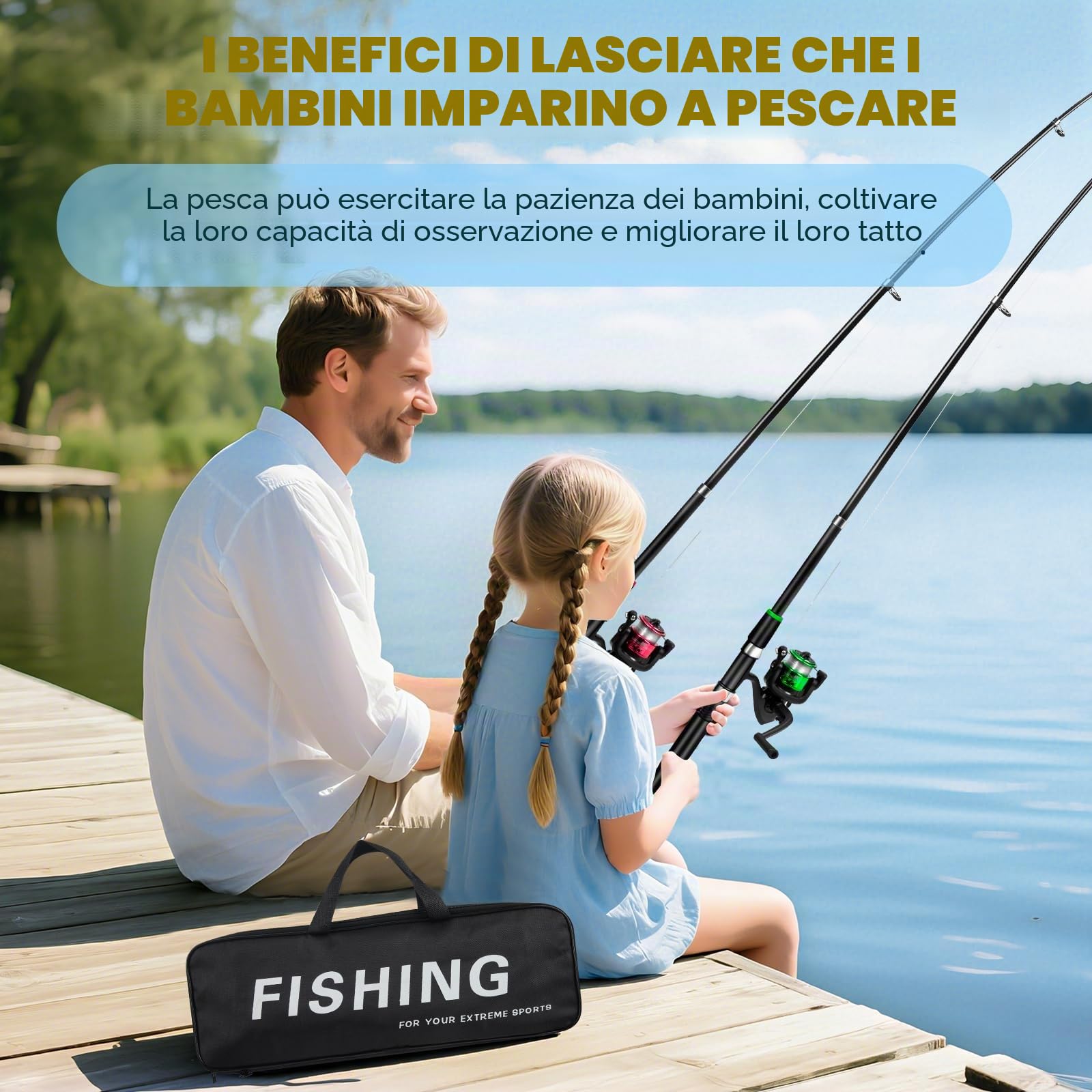 Set da pesca per bambini, 2 bobine telescopiche da pesca da 1,8 m, 3-10 anni, set di canne da pesca per bambini con mulinello ed esca, set di base per pesca per bambini, in fibra di carbonio, set