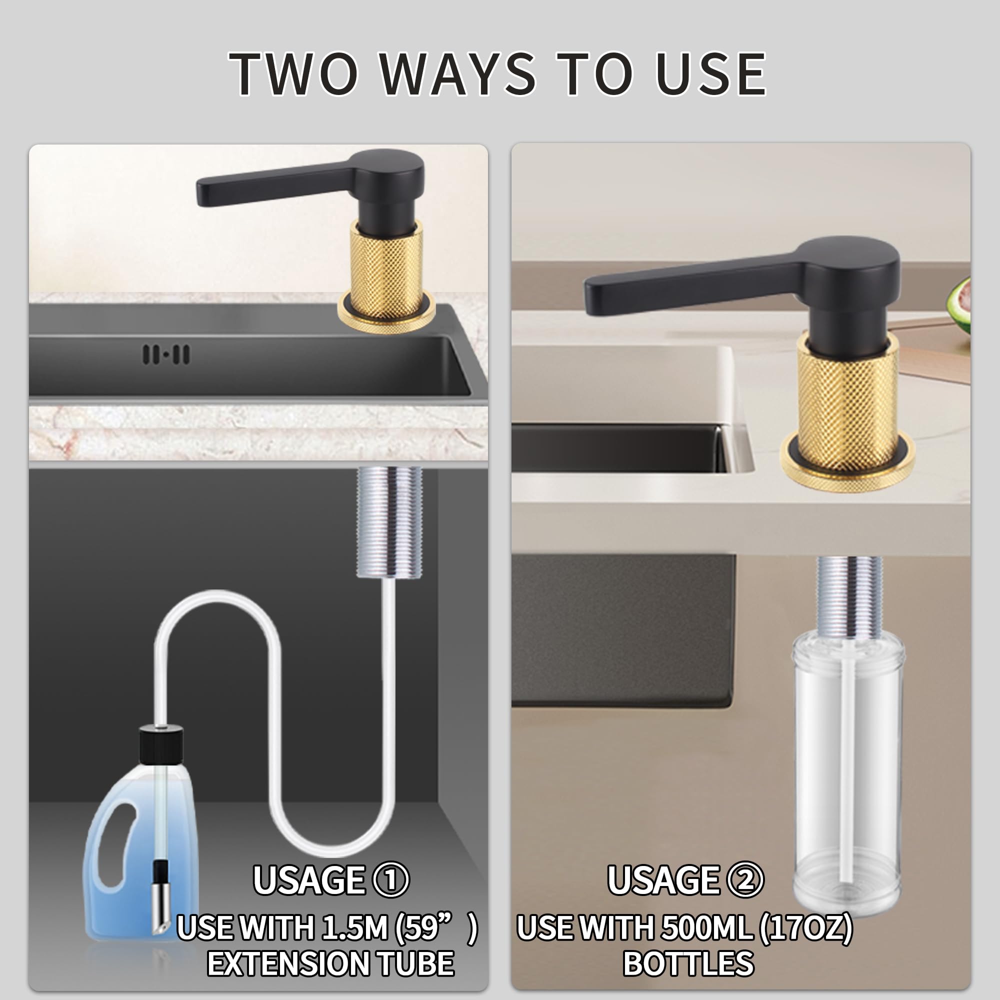 SD-80 - Dispensador de jabón de latón para fregadero de cocina, bomba de cobre, dispensador de jabón integrado con botella de 520 ml y kit de tubo de extensión de 1,5 m (negro mate)