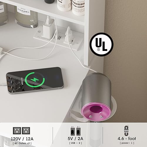 Miniatura 6 de Vabches Vanity, juego de escritorio de maquillaje con espejo y luz, lotes de almacenamiento de tocador con tira de alimentación, 3 modos de