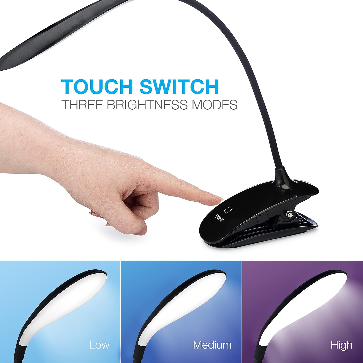 Vont Rechargeable LED Clip On Reading Light, 16 LEDs Eye Protection Book Light with 3 Brightness Levels, USB Charging, Touch Control, Reading Lamp