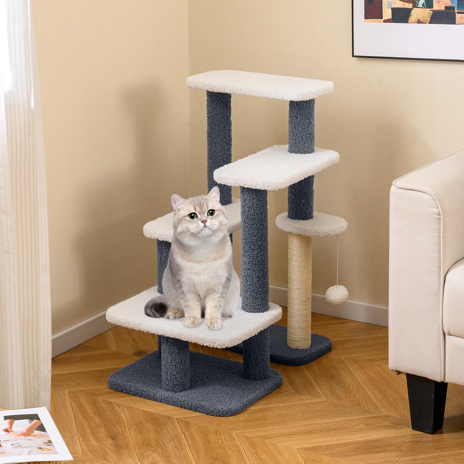 GYMAX 5 Stufen Katzentreppe, stabile Tiertreppe mit Sisal-Kratzstamm, Spielball & Plüschsitzfläche, Hundetreppe für Katze & Hunde bis 15 kg, Katzen Katzenmöbel, 62 x 41 x 77 cm