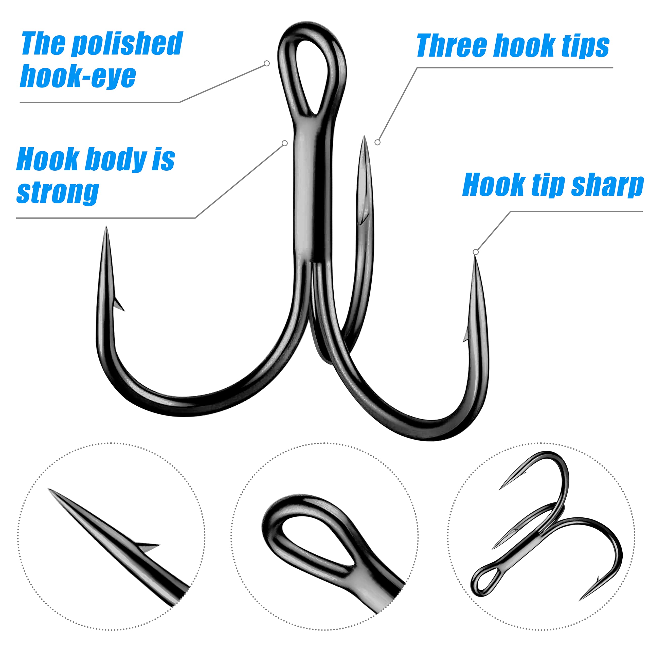 Shaddock Fishing Treble Hooks, Round Bend Short Shank Treble Hooks, High Carbon Steel, Wide Gap for Lures, Baits, Stripe, Trout, Bass, Salmon, Panfish, Black, 100PCS, Size 6