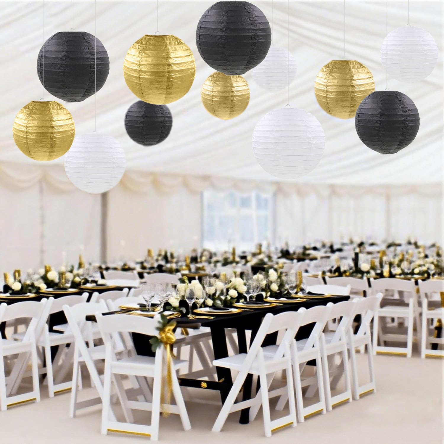 12 lanterne di carta da appendere in oro nero e bianco per Capodanno, matrimonio, laurea, anniversario, festa di compleanno, decorazione per la casa