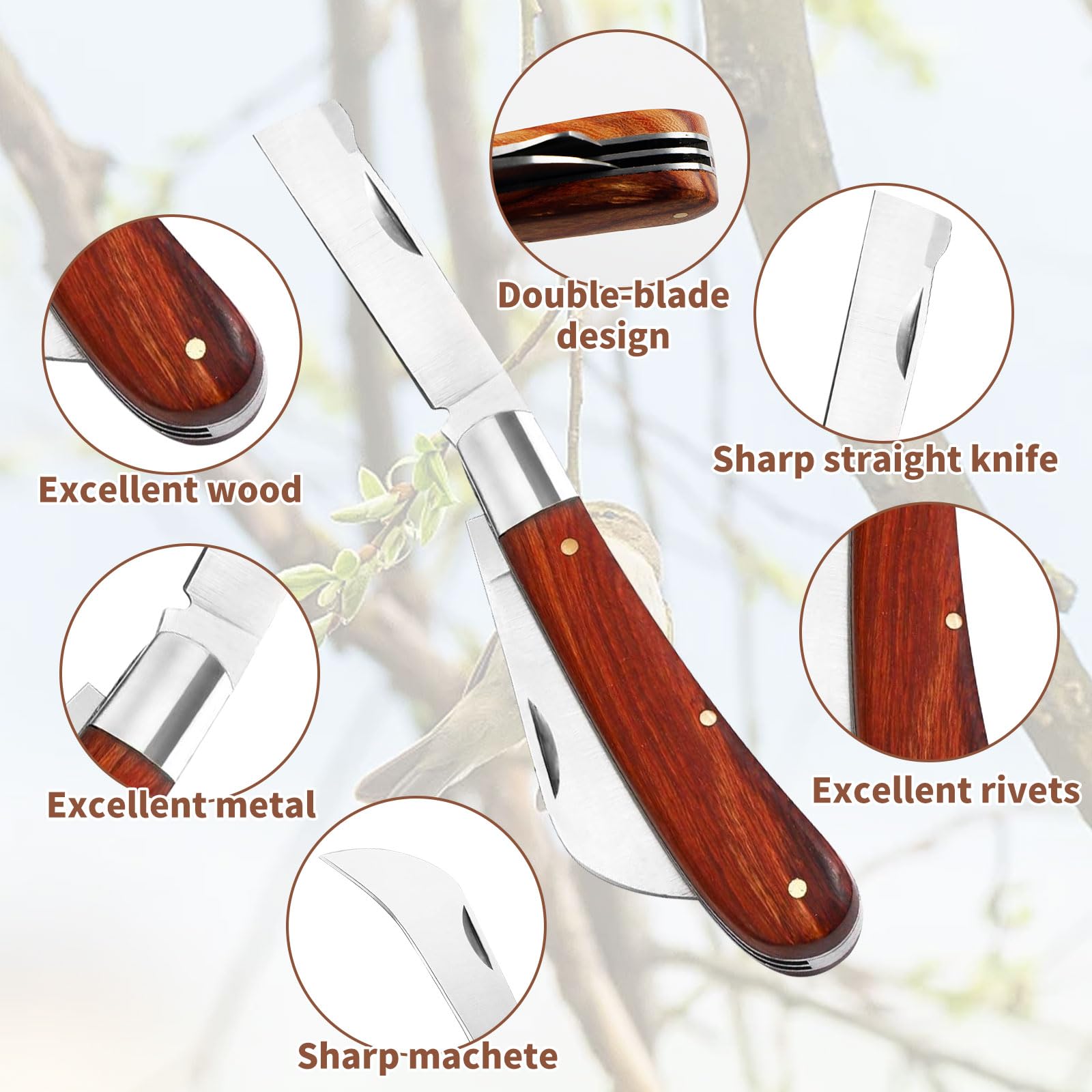 Coltello da Innesto Pieghevole, con 2 Lame in Acciaio Inossidabile, Roncola da Giardino Multifunzione per Innesti e Riparazione