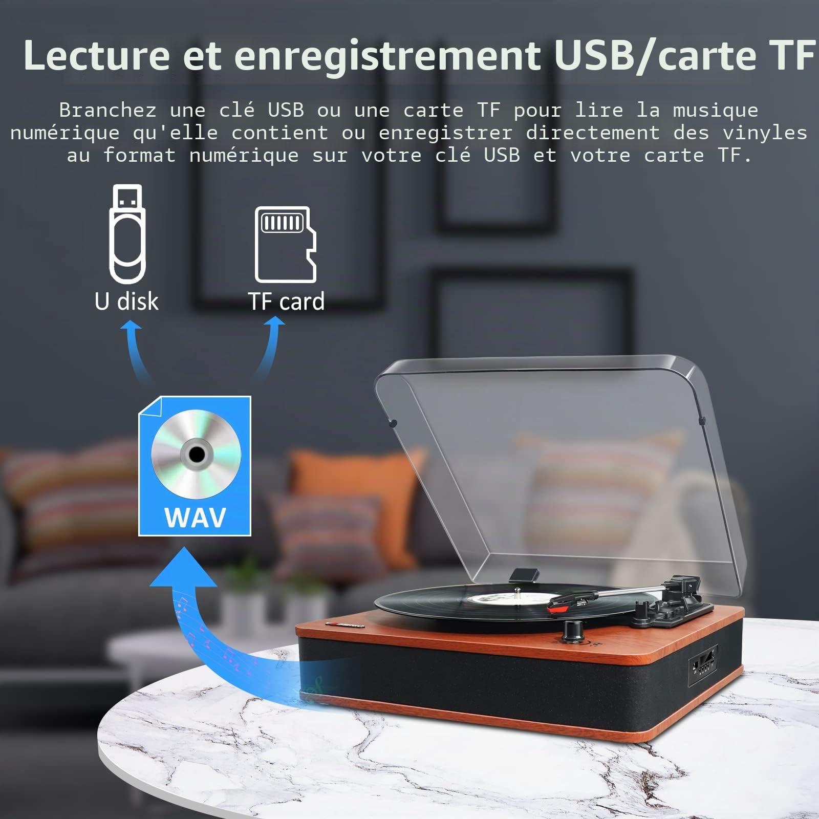 VOSTERIO Platine Vinyle Tourne Disque Bluetooth avec Haut-parleurs Stéréo, Rétro Lecteur Vinyles à 3 Vitesses, avec Encodage sur USB et SD, Radio FM, Entrée AUX, RCA, Affichage LED