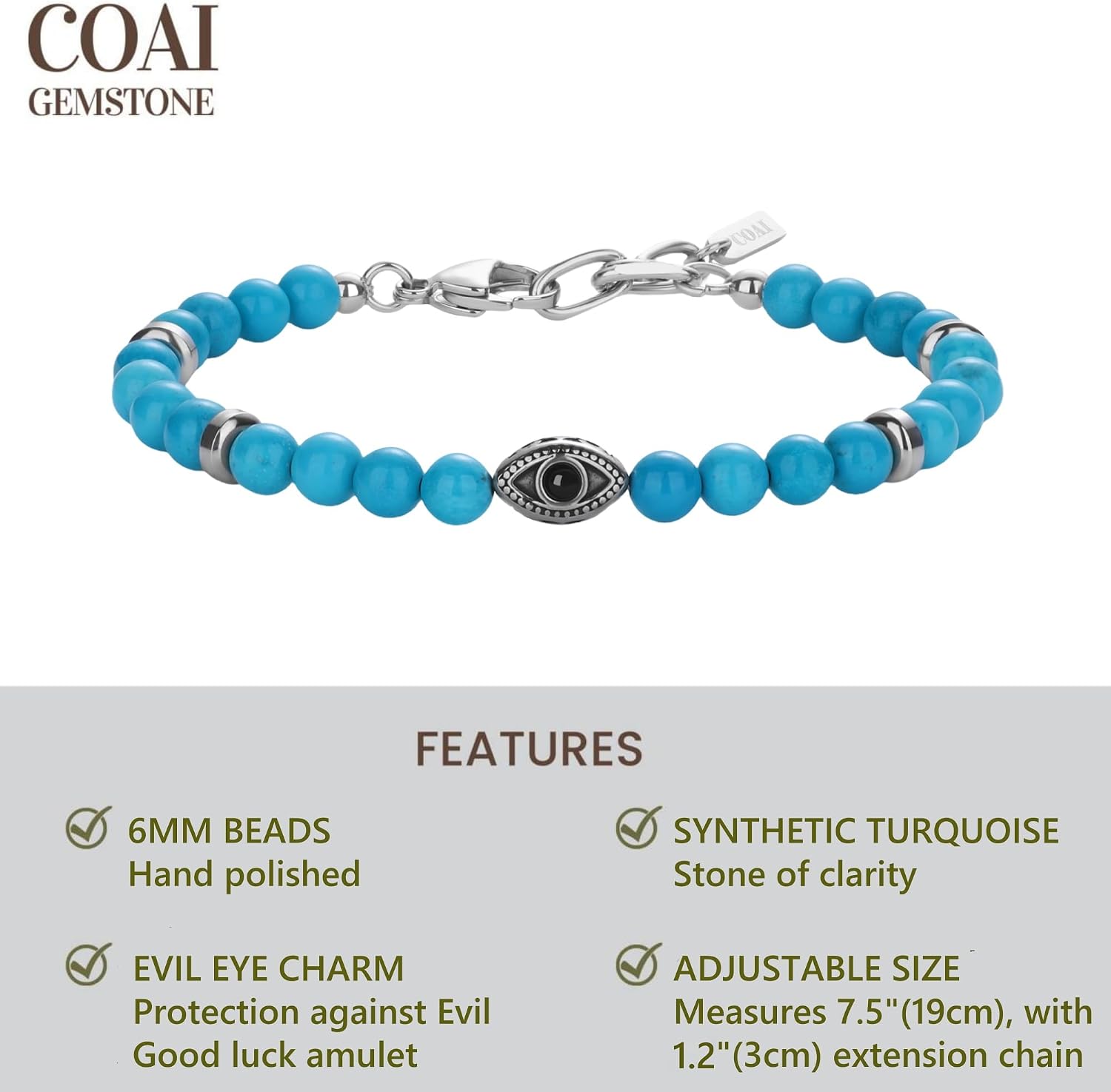 COAI Simple Beaded Bracelet for Men, 6mm Gemstone Beads Healing Evil Eye Bracelet for Men