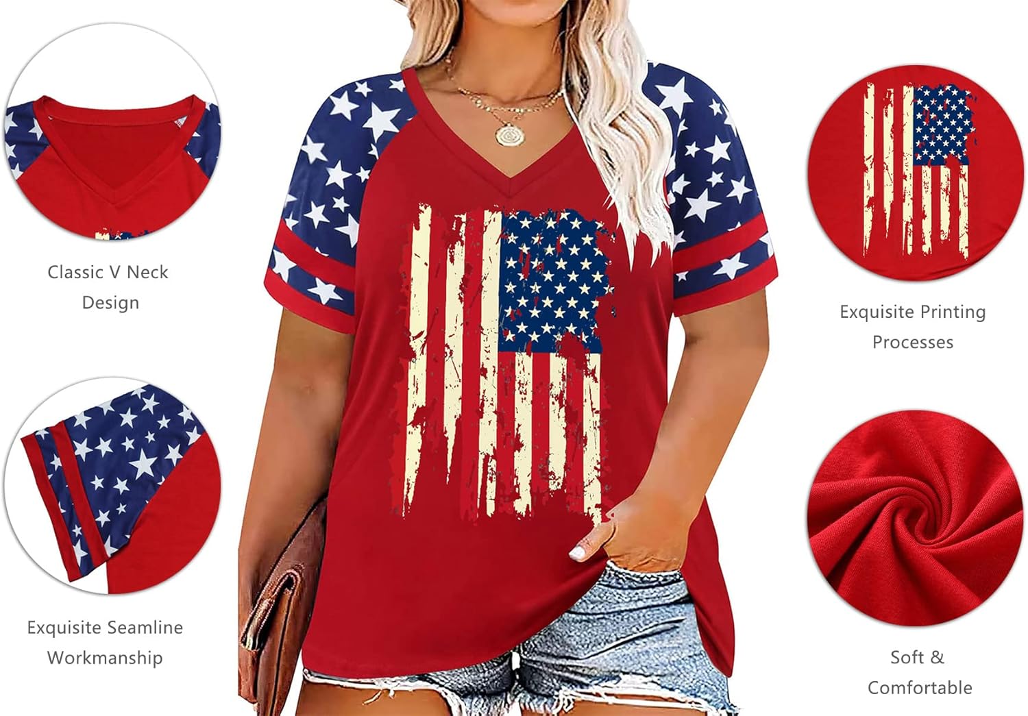 Plus Size Tops American Flag Shirts Womens V Neck Patriotic Tshirt USA Graphic Tee 4th of July T-Shirt - Image 2