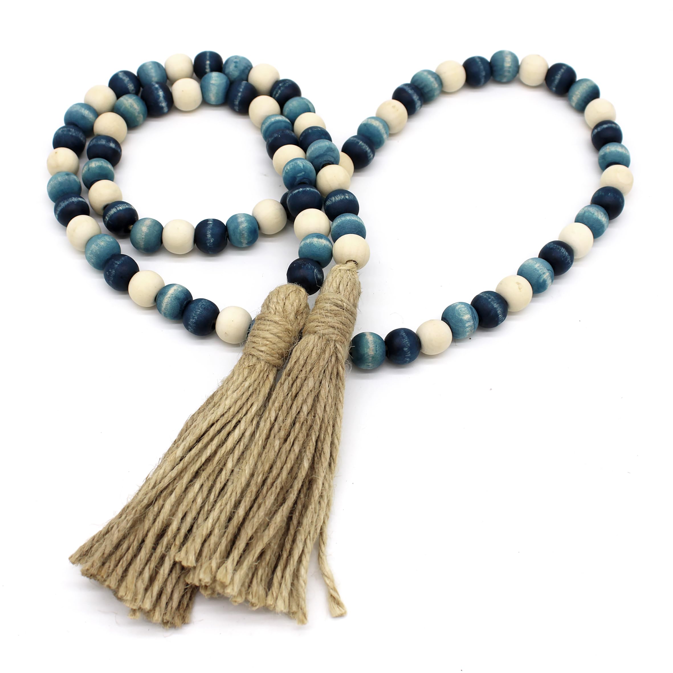 CVHOMEDECO. Wood Beads Garland with Tassels Farmhouse Rustic Wooden Prayer Bead String Wall Hanging Accent for Home Festival Decor. Blue Mix Distressed