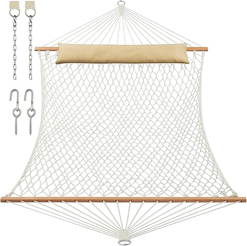 JoyView Hamaca doble de cuerda tradicional, hamaca de algodón tejida a mano con barra separadora de madera dura y almohada, capacidad de 450 libras