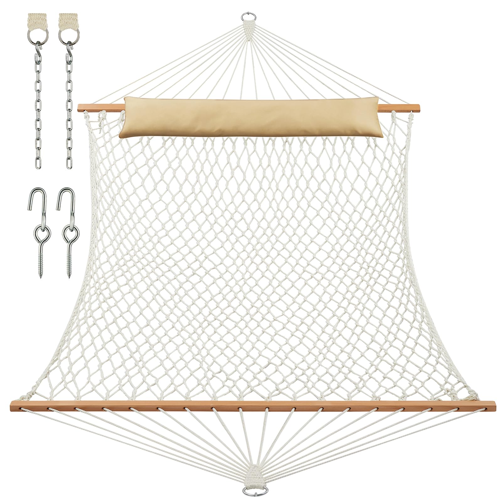 Photo 1 of [NO HOOKS] JoyView Traditional Rope Double Hammock - Hand Woven Cotton Hammock with Hardwood Spreader Bar and Pillow 450lb Capacity for Outdoor Indoor Patio Yard - Natural