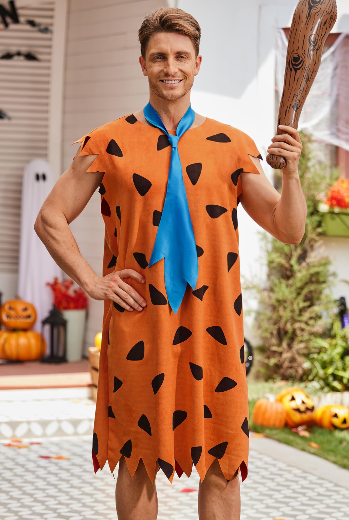 Mainfini Caveman Family Cave Costume Set for Tall Adult Men Cave Man Outfit with Classic Tunic Inflatable Bat Tie Funny Halloween Party Roleplay Acting M - Image 2