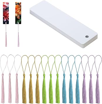 Sublimation Blank Bookmarks 15Pcs ضعف جانب نقل الحرارة علامة الحرف المعدنية مع 15Pcs شرابات حريرية ملونة لمشاريع الزفاف DIY وهدية علامة 3.2x12cm ، مستطيل