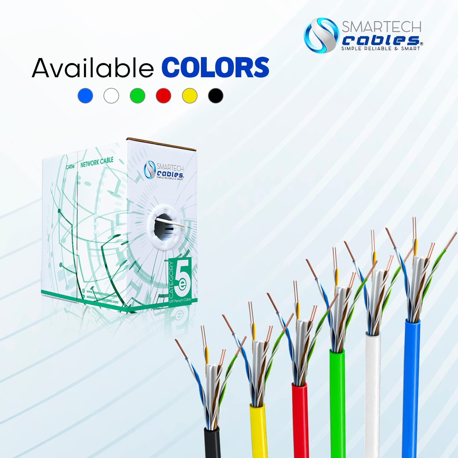 Smartech Cables Cat5e Plenum Cable 1000ft (CMP) - Solid Conductor Cat5e Cable 1000ft - 24 AWG, 350 MHz, 4 Pair, UTP Cat 5e Ethernet Cable, Available in 6 Colors